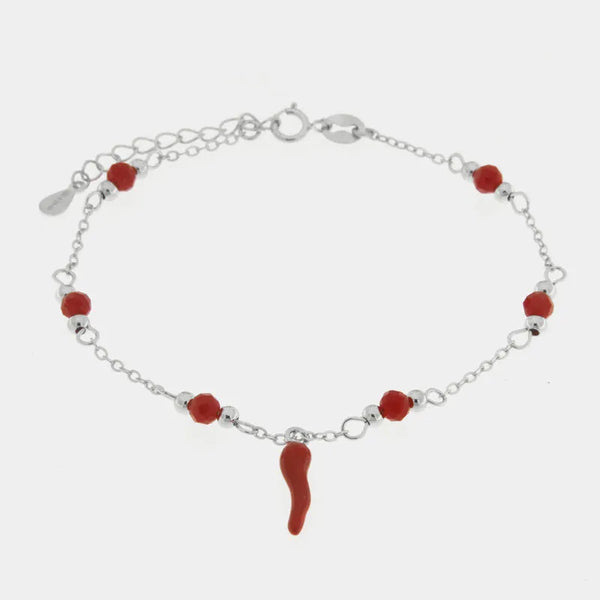 Bracciale in argento 925 con corno portafortuna rosso | cornetto portafortuna argento | BYSIMON
