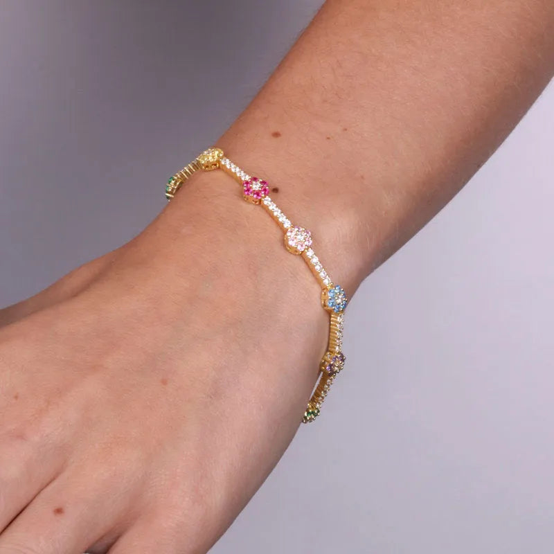 Bracciale Donna Oro Con Zirconi E Fiori - Bracciale Gioiello Regolabile In Ottone Per Ragazze, 1 Pezzo