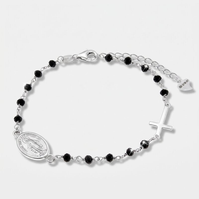 Bracciale in Argento 925 croce, madonna e perle nere - BYSIMON gioielli