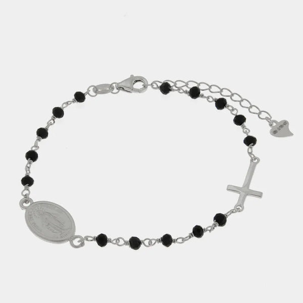 Bracciale in Argento 925 croce, madonna e perle nere - BYSIMON gioielli