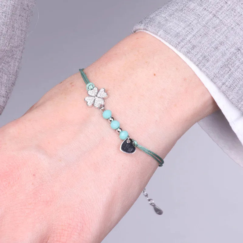 Bracciale in Argento 925 cordino verde e quadrifoglio