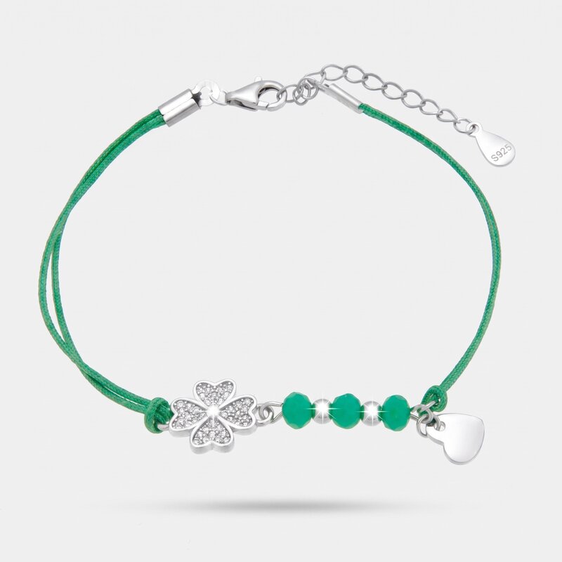 Bracciale in Argento 925 cordino verde e quadrifoglio - BYSIMON gioielli