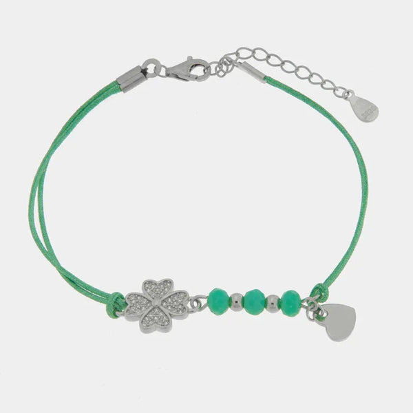 Bracciale in Argento 925 cordino verde e quadrifoglio - BYSIMON gioielli