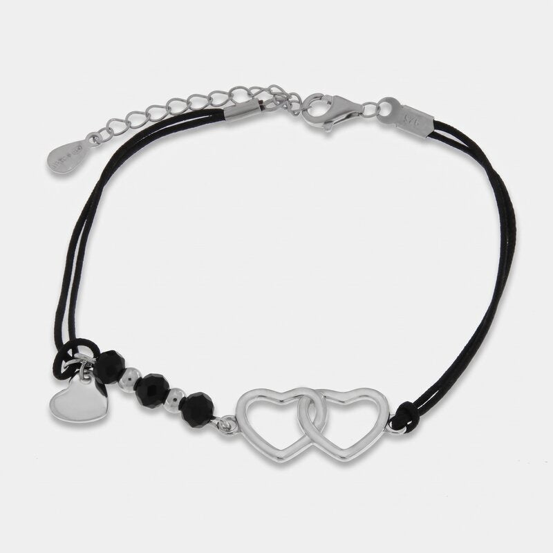 Bracciale in Argento 925 cuori intrecciati e cordino nero - BYSIMON gioielli