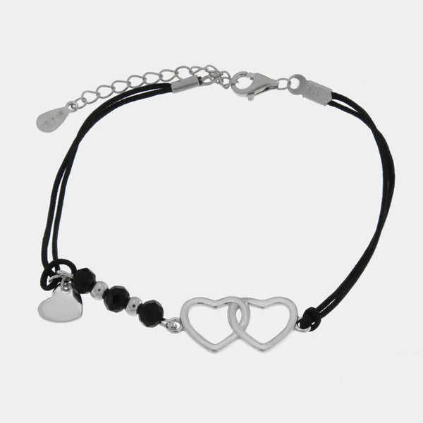 Bracciale in Argento 925 cuori intrecciati e cordino nero - BYSIMON gioielli