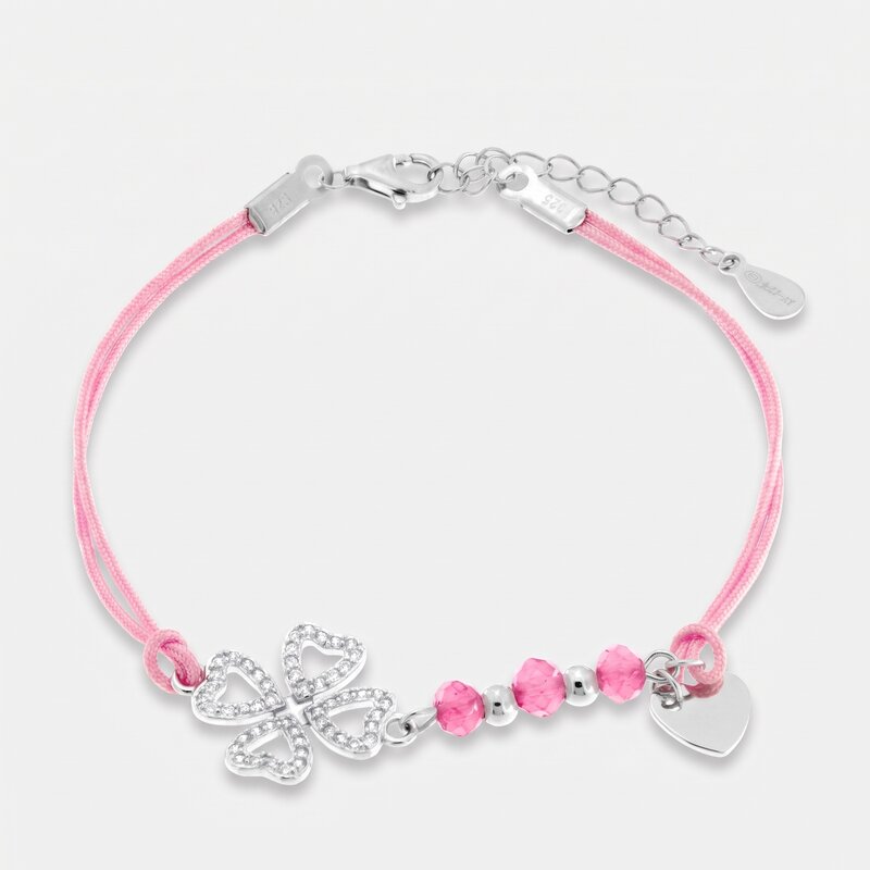 Bracciale in Argento 925 cordino rosa e quadrifoglio - BYSIMON gioielli
