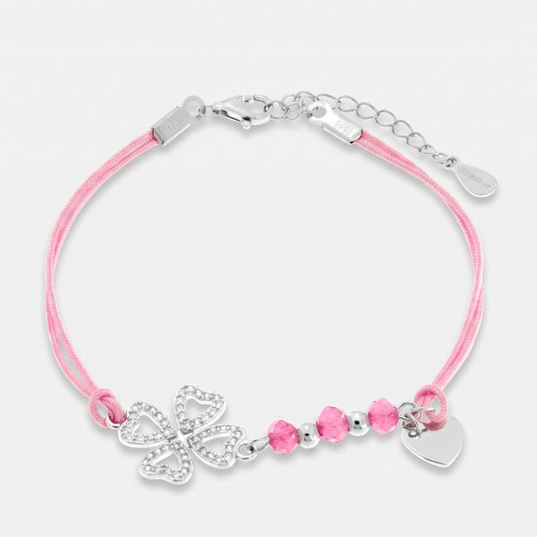 Bracciale in Argento 925 cordino rosa e quadrifoglio - BYSIMON gioielli