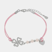 Bracciale in Argento 925 cordino rosa e quadrifoglio