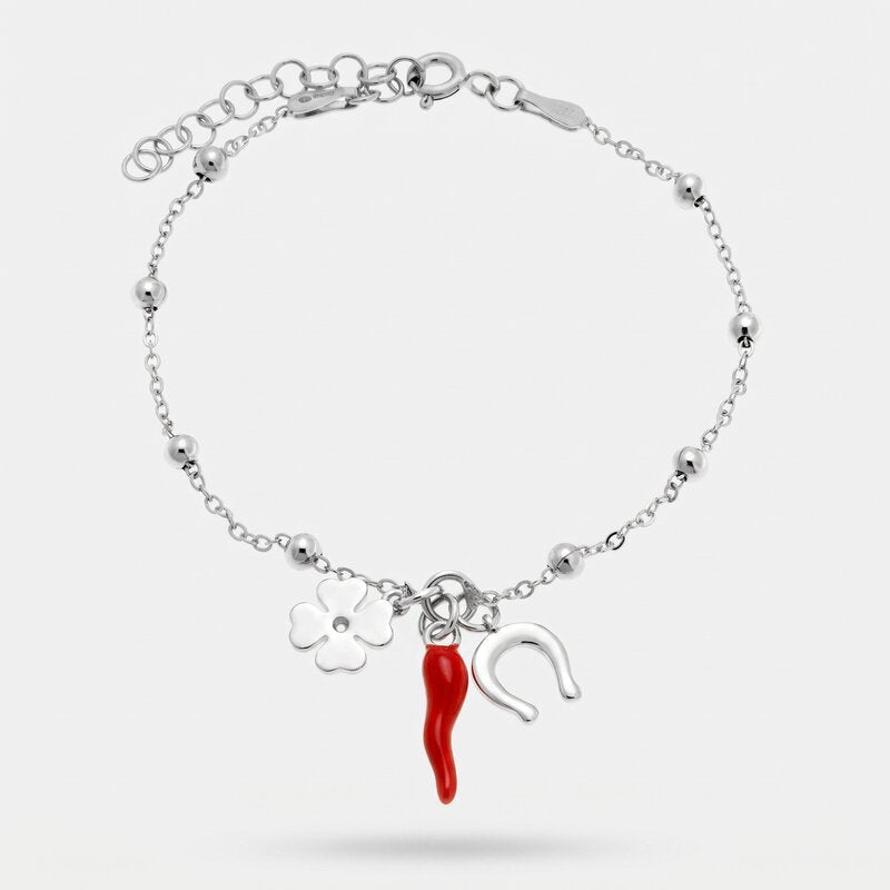 Bracciale in argento 925 con corno rosso e quadrifoglio portafortuna | cornetto portafortuna argento | BYSIMON