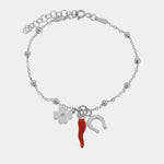 Bracciale in Argento 925 con corno rosso, quadrifoglio e ferro di cavallo - BYSIMON gioielli
