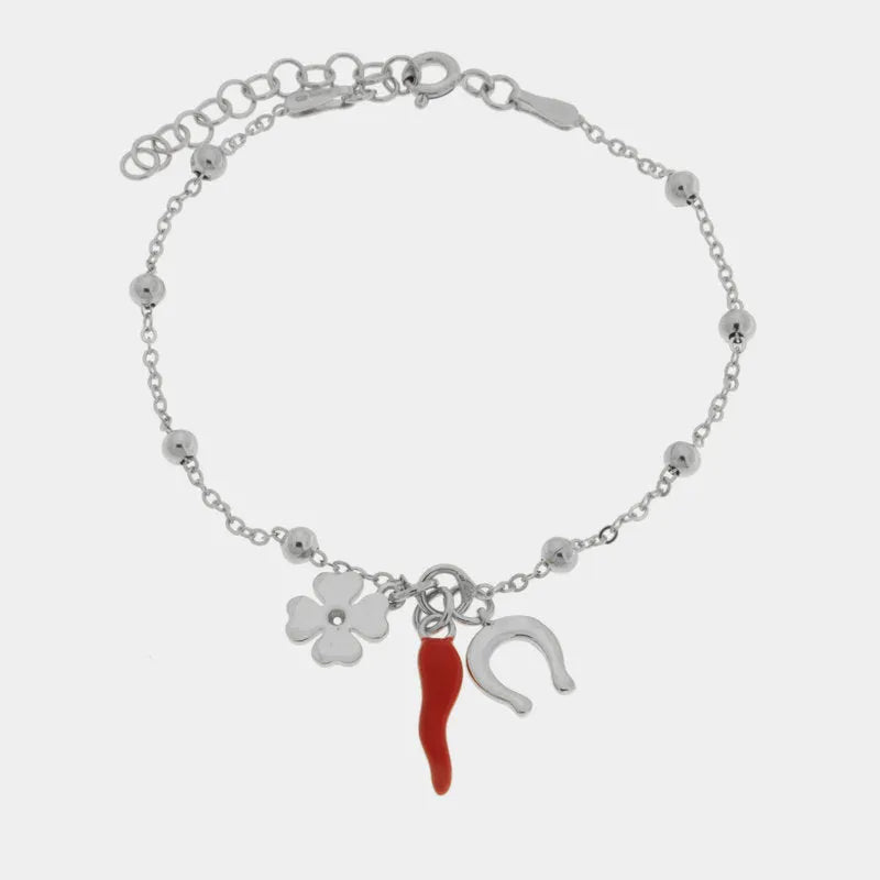 Bracciale in Argento 925 con corno rosso, quadrifoglio e ferro di cavallo - BYSIMON gioielli