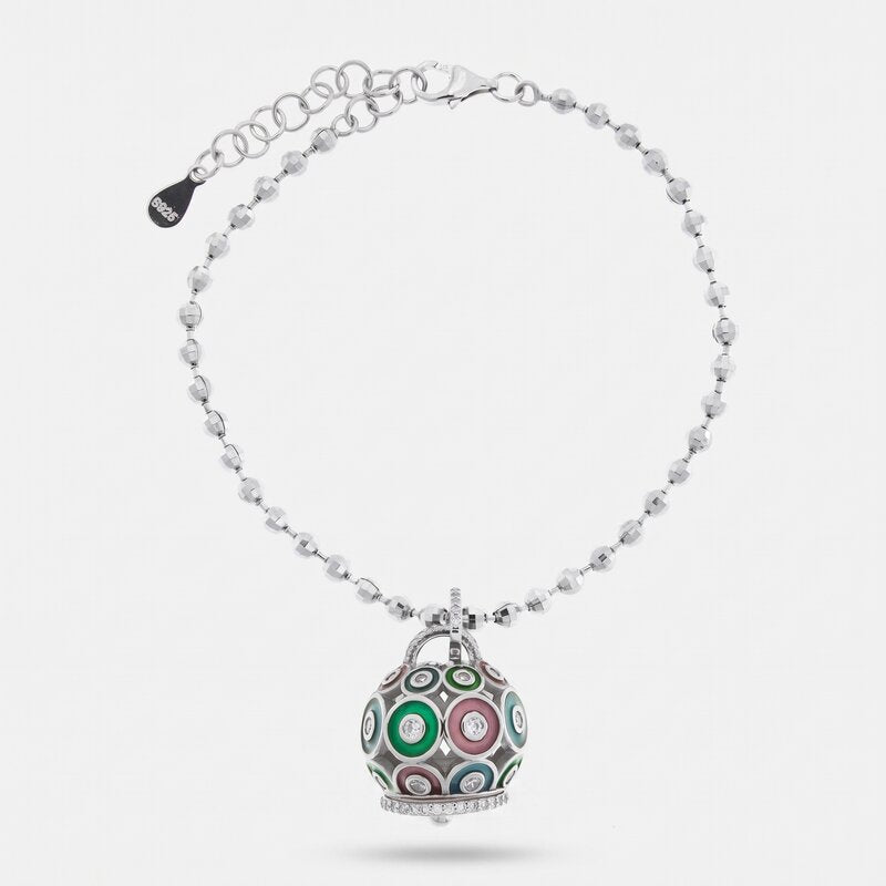 Bracciale in Argento 925 con campanella impreziosita da zirconi e smalti colorati