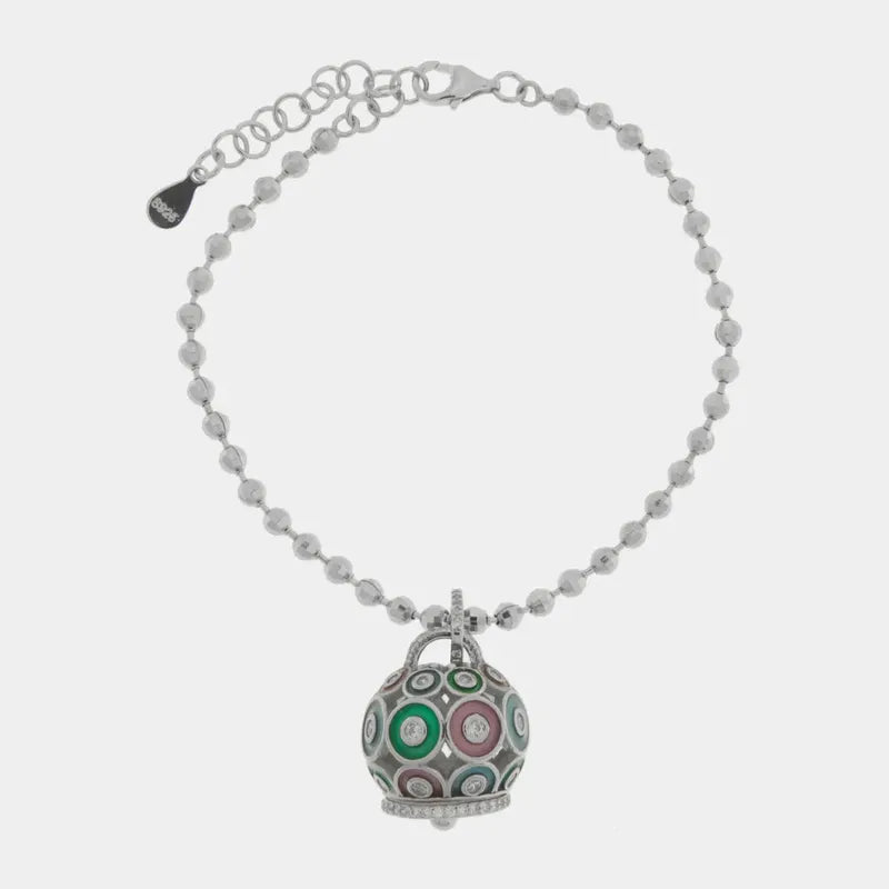Bracciale in Argento 925 con campanella impreziosita da zirconi e smalti colorati