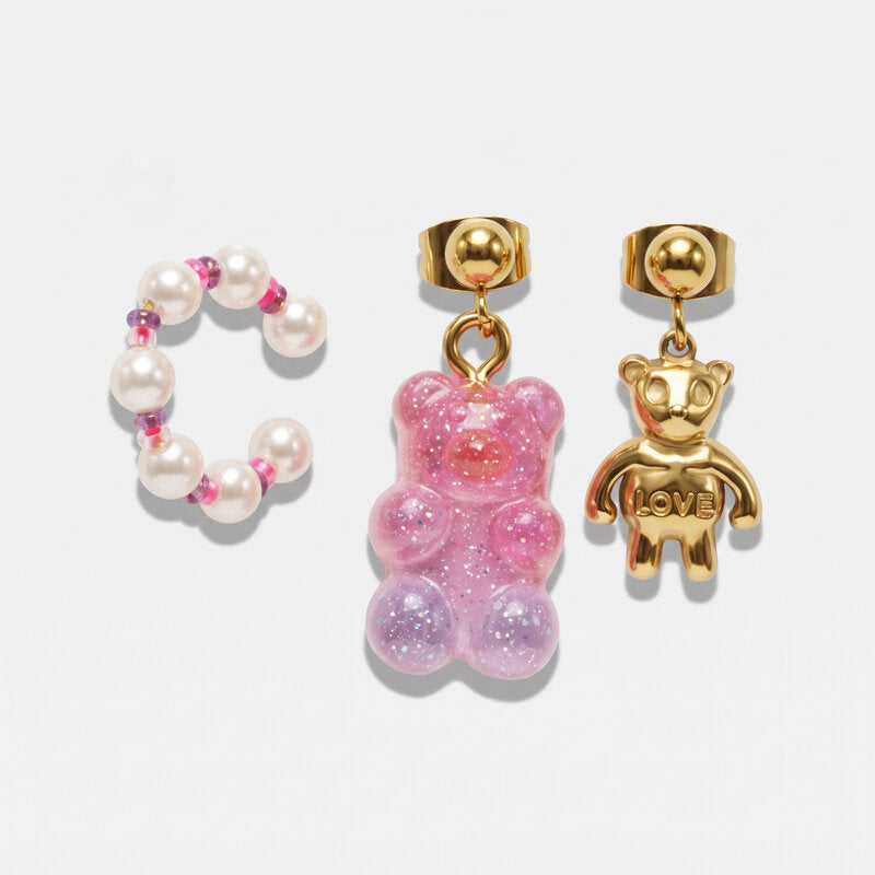 Orecchini in Acciaio con orecchini a forma di orso e earcuff con perle