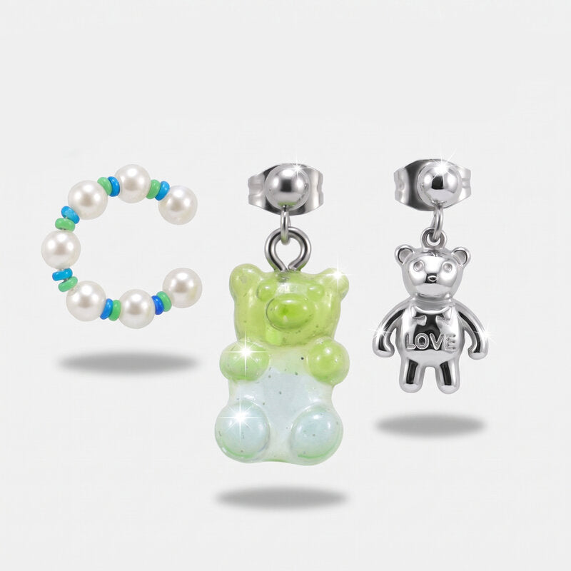 Orecchini in Acciaio con orsi e earcuff con perle