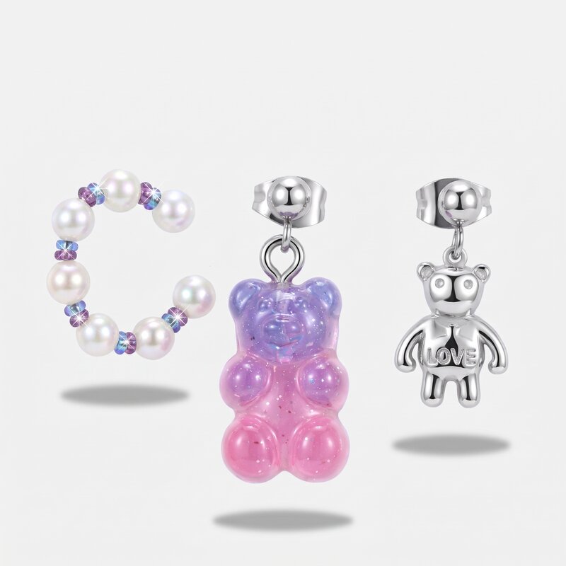 Orecchini in Acciaio con orsi e earcuff con perle