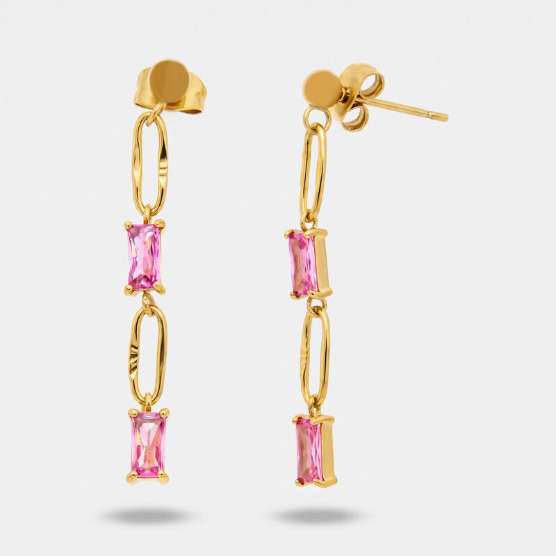 Orecchini in Acciaio con catena ovale e cristalli rosa