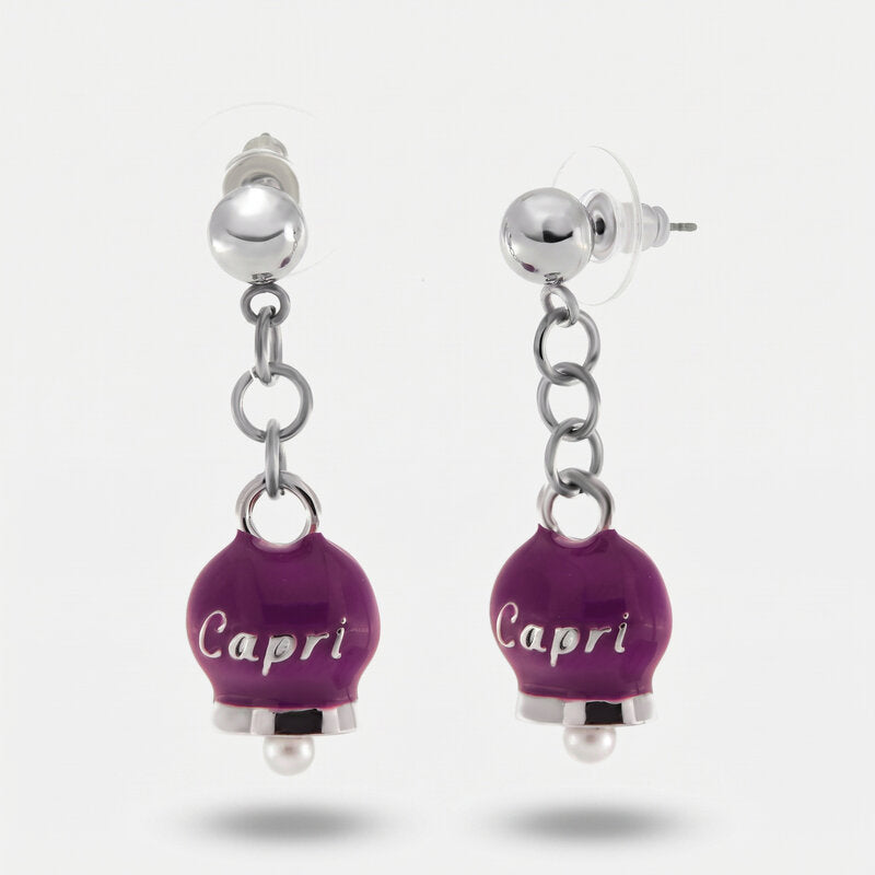 Orecchini in Acciaio con campanella pendente rosso con scritta Capri - BYSIMON gioielli