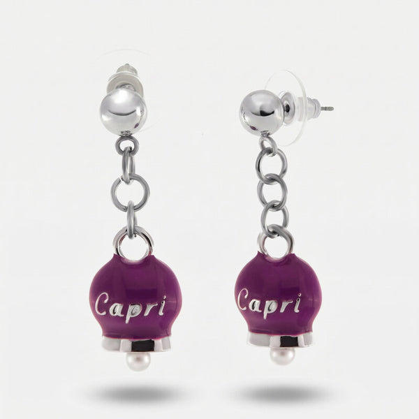 Orecchini in Acciaio con campanella pendente rosso con scritta Capri - BYSIMON gioielli