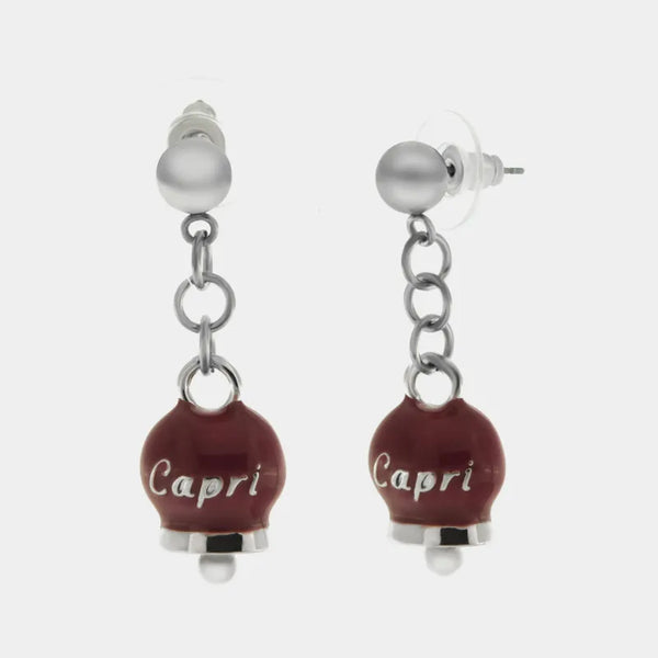 Orecchini in Acciaio con campanella pendente rosso con scritta Capri - BYSIMON gioielli