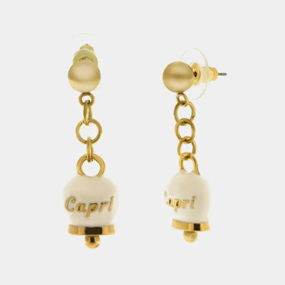 Orecchini in Acciaio con campanella pendente bianca e oro con scritta Capri - BYSIMON gioielli