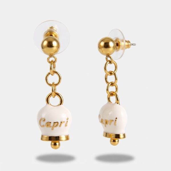 Orecchini in Acciaio con campanella pendente bianca e oro con scritta Capri - BYSIMON gioielli