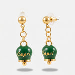 Orecchini in Acciaio con campanella pendente verde placcata oro con scritta Capri - BYSIMON gioielli