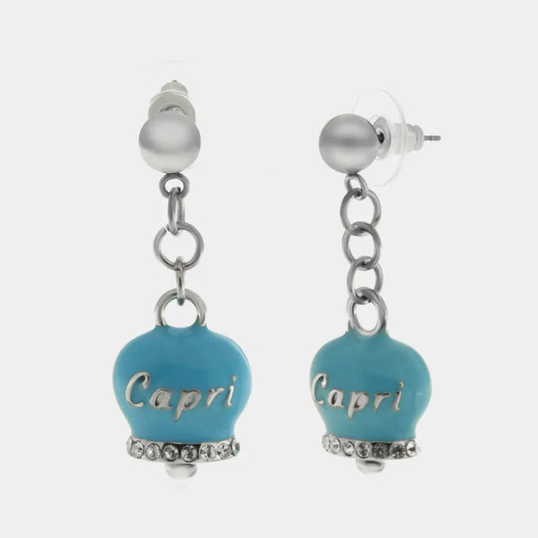 Orecchini in Acciaio con campanella  azzurro con scritta Capri - BYSIMON gioielli