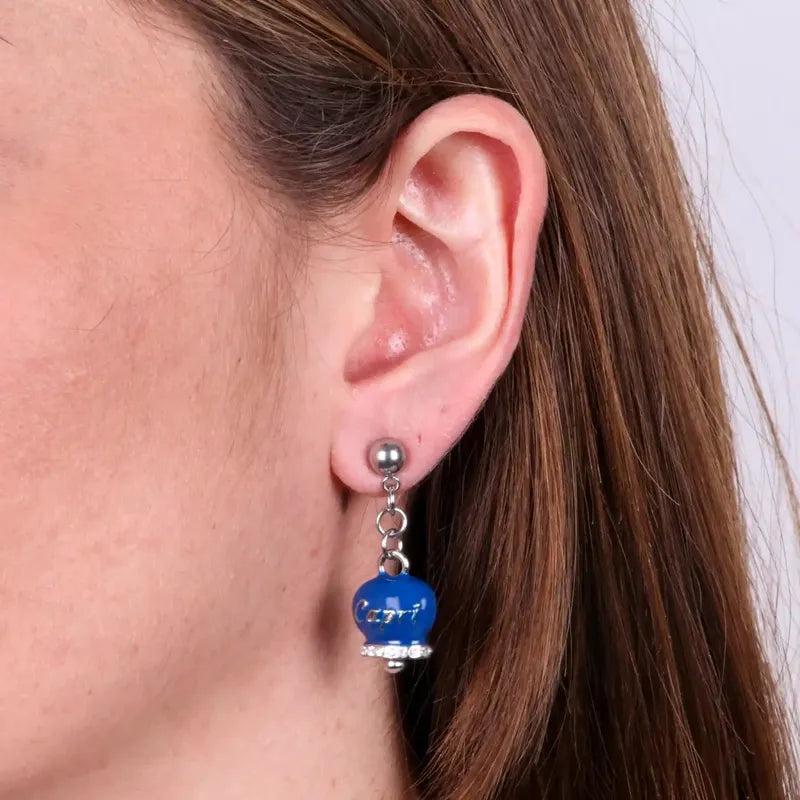 Orecchini in Acciaio con campanella  blu con scritta Capri - BYSIMON gioielli