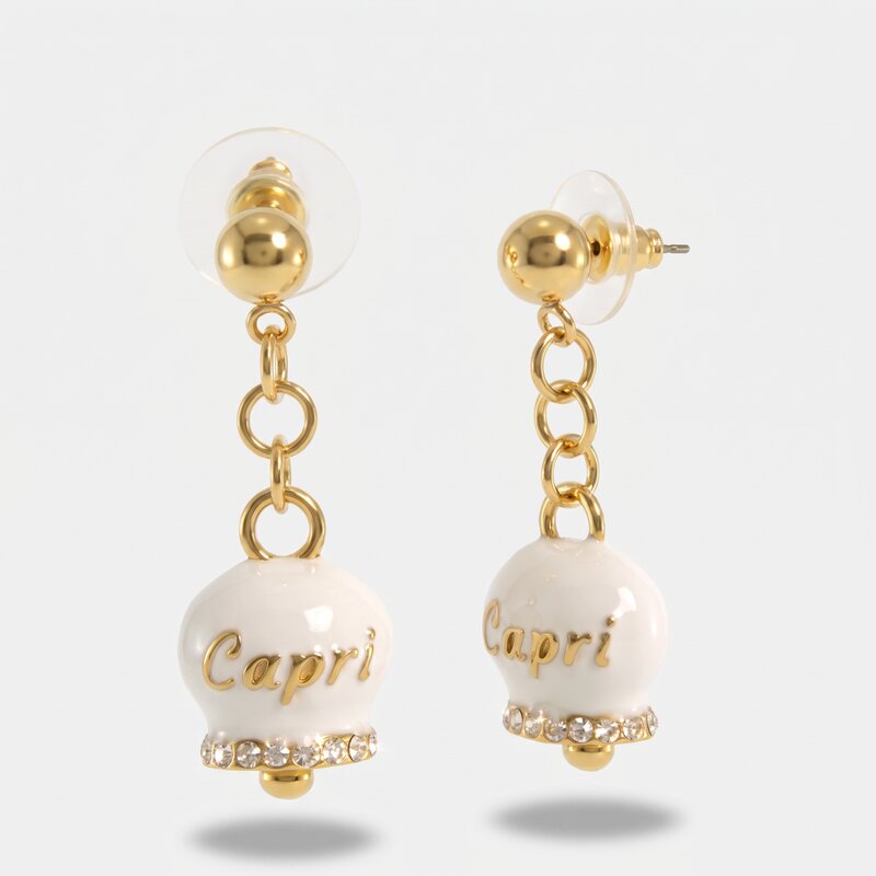Orecchini in Acciaio con campanella bianca e oro con scritta Capri | gioielli in acciaio | BYSIMON