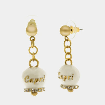 Orecchini in Acciaio con campanella bianca e oro con scritta Capri | gioielli in acciaio | BYSIMON