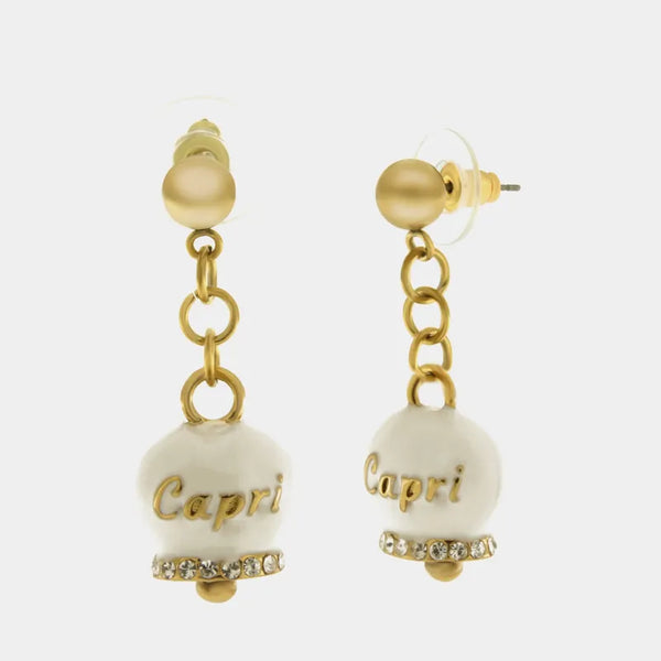 Orecchini in Acciaio con campanella bianca e oro con scritta Capri | gioielli in acciaio | BYSIMON