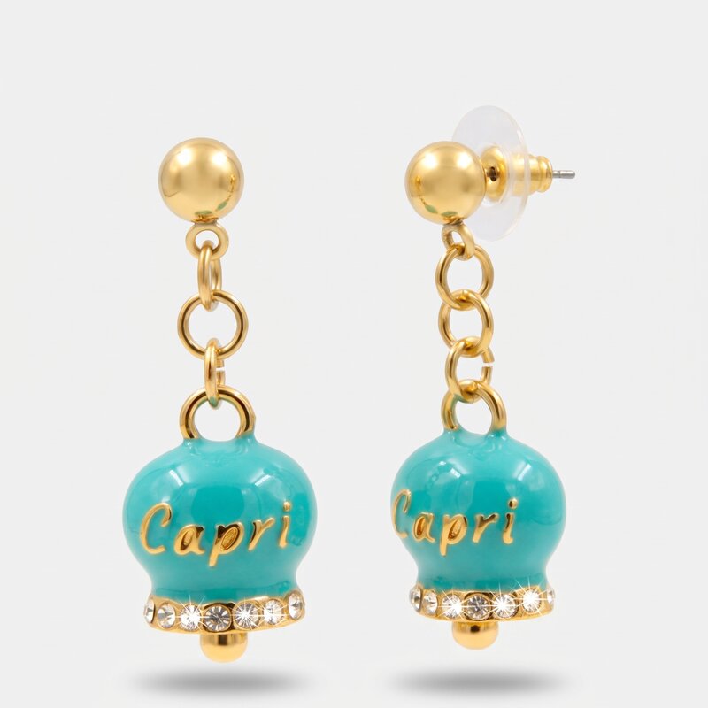 Orecchini in Acciaio con campanella  verde con scritta Capri - BYSIMON gioielli