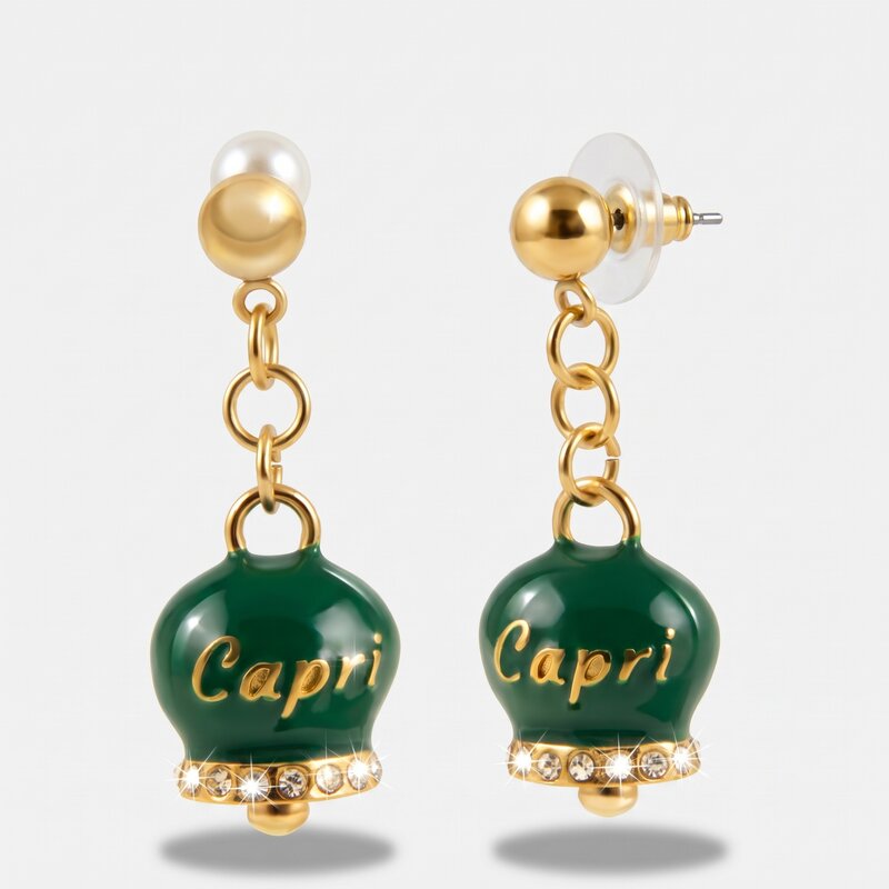Orecchini in Acciaio con campanella verde placcata oro con scritta Capri - BYSIMON gioielli