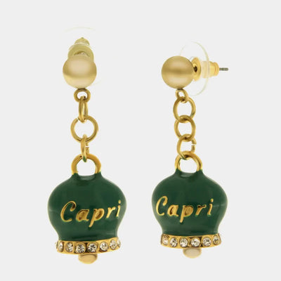 Orecchini in Acciaio con campanella verde placcata oro con scritta Capri - BYSIMON gioielli