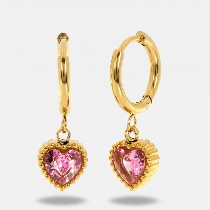 Orecchini in Acciaio cerchio con cuore rosa - BYSIMON gioielli