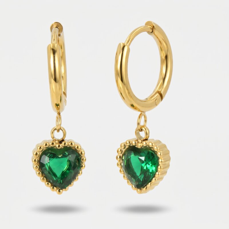 Orecchini in Acciaio cerchio con cuore verde - BYSIMON gioielli