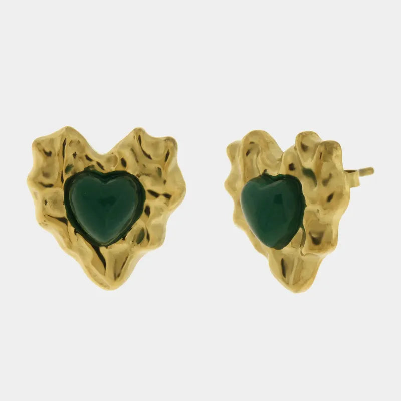 Orecchini in Acciaio cuore con cristallo verde