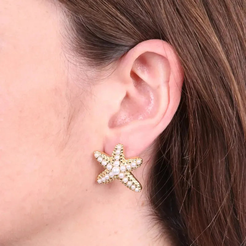Stainless Steel Starfish Earrings with Pearls