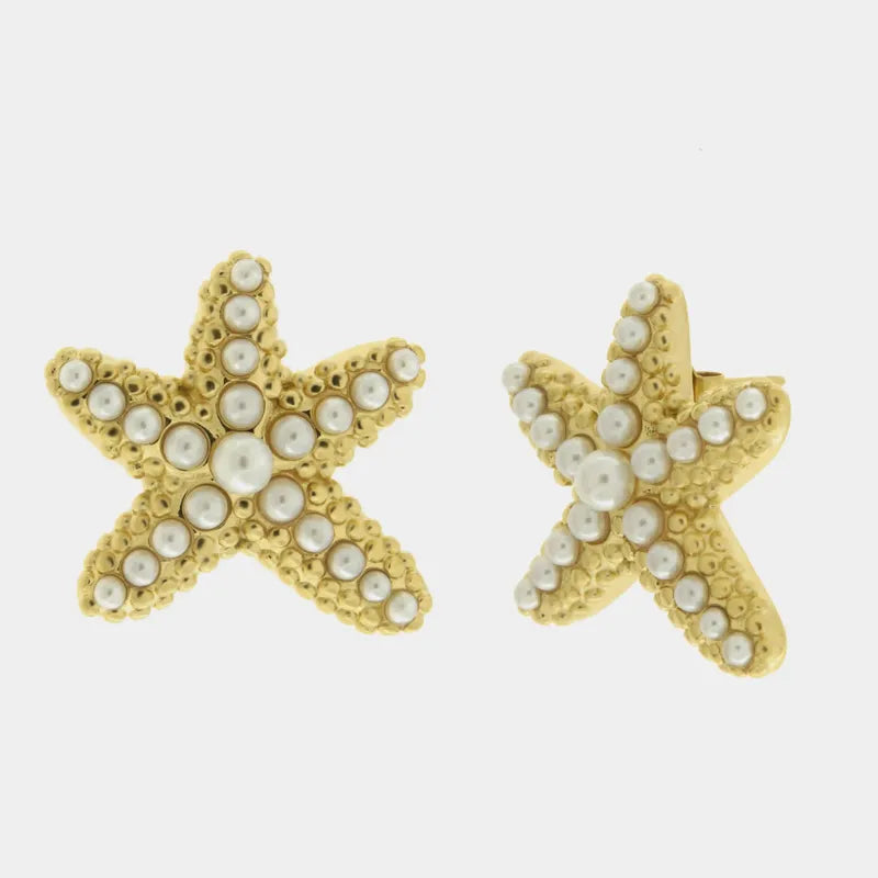 Stainless Steel Starfish Earrings with Pearls