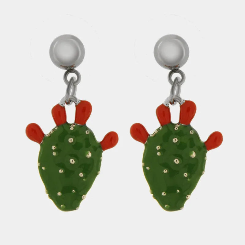 Orecchini in Acciaio cactus pendente, impreziosito da smalto verde e punte di smalto rosso - BYSIMON gioielli