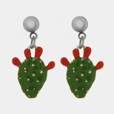 Orecchini in Acciaio cactus pendente, impreziosito da smalto verde e punte di smalto rosso - BYSIMON gioielli