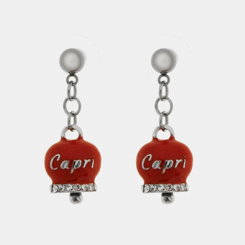Orecchini in Acciaio con campanella rossa e scritta Capri - BYSIMON gioielli