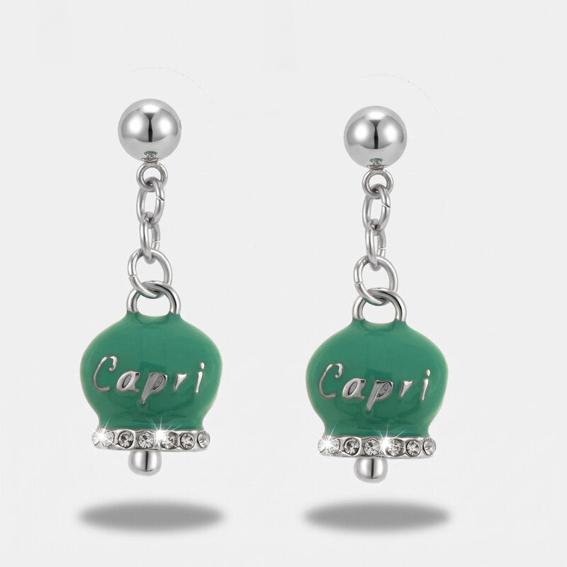 Orecchini in Acciaio con campnaella verde e scritta Capri - BYSIMON gioielli