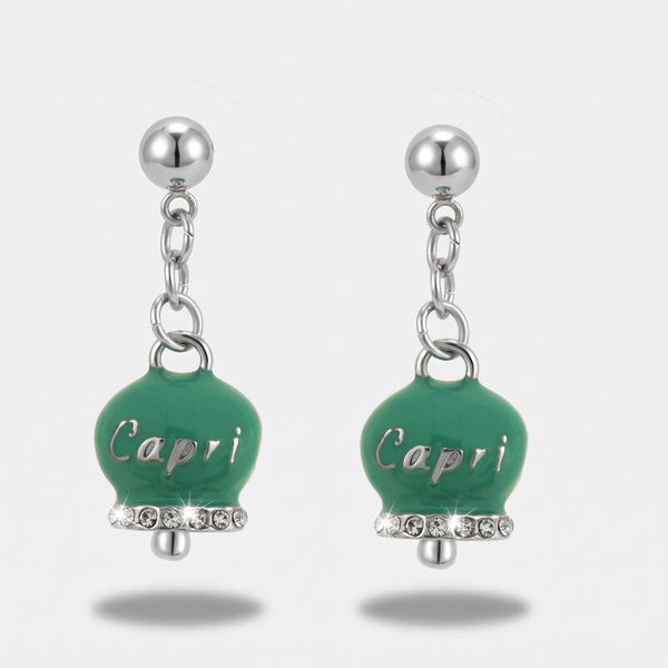 Orecchini in Acciaio con campnaella verde e scritta Capri - BYSIMON gioielli