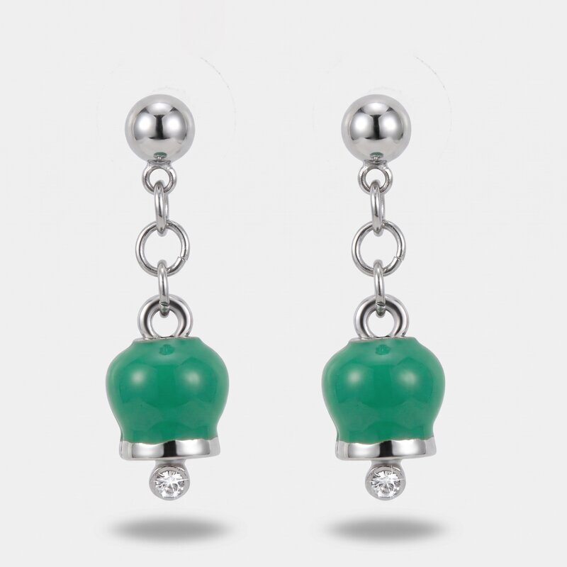 Orecchini in Acciaio con campanelle portafortuna pendenti verde acqua, impreziosite da punto luce - BYSIMON gioielli
