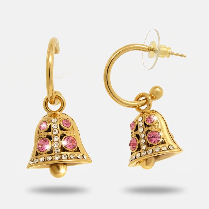 Orecchini in Acciaio campanella con punti luce rosa - BYSIMON gioielli