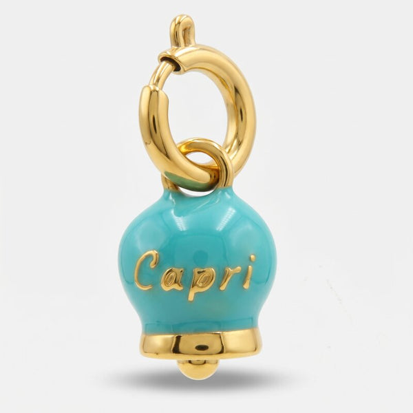 Ciondolo in Acciaio campanella verde acqua placcata oro con scritta Capri - BYSIMON gioielli