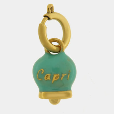 Ciondolo in Acciaio campanella verde acqua placcata oro con scritta Capri - BYSIMON gioielli