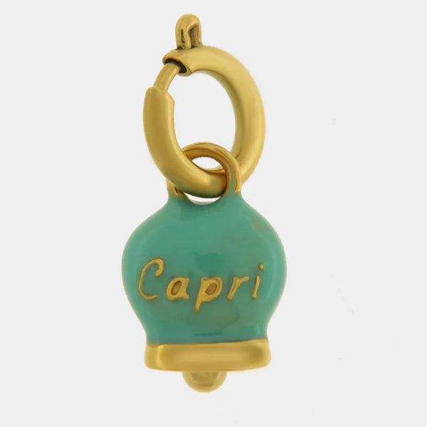 Ciondolo in Acciaio campanella verde acqua placcata oro con scritta Capri - BYSIMON gioielli